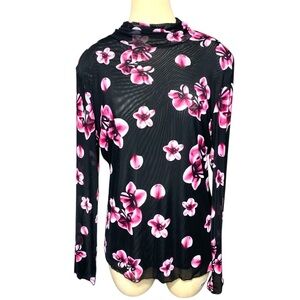 Tristan Black Mesh Sheer Top Pink Floral Long Sleeve Tee Shirt Sz L Feminine